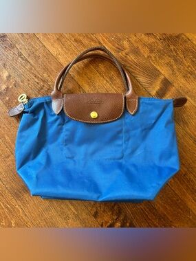 Longchamp Vintage Royal Blue Tote with Brown Leather Trim